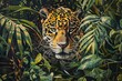 The agile jaguar in 'Lush Labyrinth', maneuvering expertly through an entangled, dense jungle of jungle shadow plants, punctuated by glimpses of vibrant parrot feather green flashes among the foliage