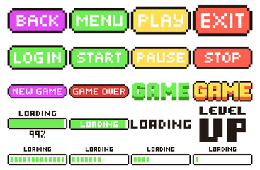 Game Pixel Text. Mega bundle. back, menu, play, exit, log in, start, pause, stop, new game, game over, loading, level up. Vector Illustration