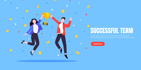 Happy business team employee winners award ceremony flat style design vector illustration. Employee recognition and best worker competition award team celebrating victory winner business concept.