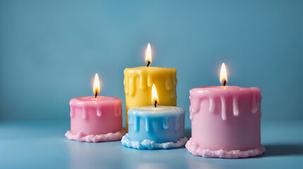 Wall Mural - Three candles in different colored wax are arranged side by side on table.