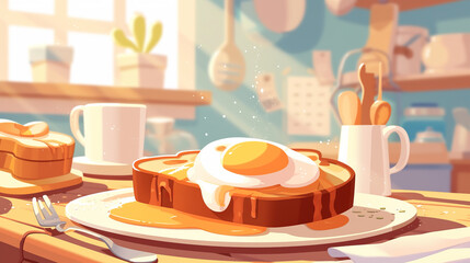 Wall Mural - A cartoonish drawing of a breakfast plate with a fried egg and toast