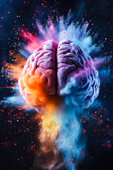 Sticker - Colorful and abstract brain exploding with colors surrounded by blue and purple background.