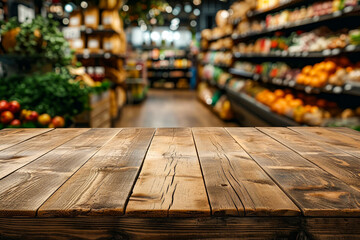 Sticker - Wooden shelf in supermarket with various products on it.