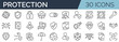 Set of 30 outline icons related to protection. Linear icon collection. Editable stroke. Vector illustration
