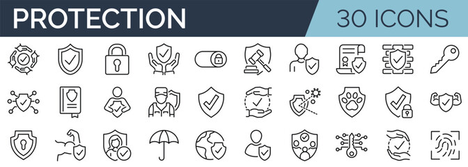 set of 30 outline icons related to protection. linear icon collection. editable stroke. vector illus