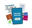 Online booking. on the blue phone. passport, ticket, tourist visa. the white vector is isolated.