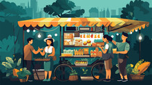 Hand Drawn Street Food Vender Concept. Thai Food Se