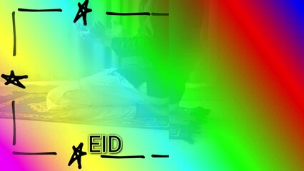 Wall Mural - silhouette shadow men doing salat pray. Marhaban ya ramadhan eid al fitr simple greeting quote word in colorful gradient background	