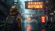 Solitary figure in a raincoat wanders a neon-lit chinese urban street, immersed in the atmosphere of a rainy cityscape under glowing signs.