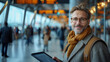 Cheerful middle-aged businessman with glasses and a scarf waits in a busy airport terminal, holding a tablet.