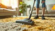 Close-up shot of a young woman in jeans cleaning a shaggy carpet with a vacuum cleaner in a sunlit living room.