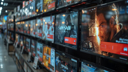 Close-up view of a vibrant tv among high definition televisions in a busy electronics store.