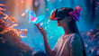 © ismael - girl with virtual reality glasses touching a colorful butterfly