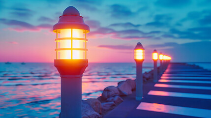 Wall Mural - Coastal City at Sunset, Street Lights Illuminating the Promenade, Tranquil Evening by the Sea, Romantic Urban Scene