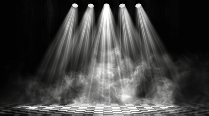 Poster - Set of glowing spotlights lighting on a checkered transparent background. Bright white light beam.