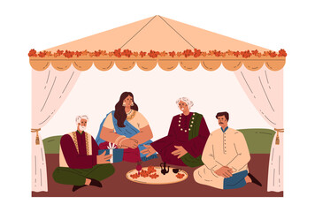 Wall Mural - Indian wedding ceremony. Cartoons of the bride and groom and their parents in ethnic clothes