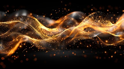 Fototapete - Golden glittering magic modern waves with gold particles isolated on black background. Glitter bright trail, glowing wave shimmer illustration.