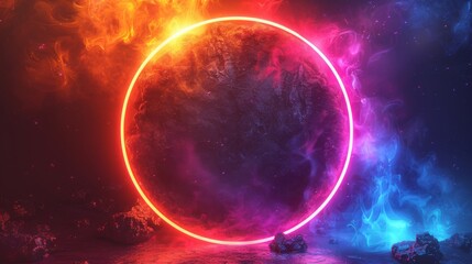 Aufkleber - Bright Neon Circle with Glow. Modern Round Frame with Empty Text Space. Abstract Bright Neon Loop with Transparency. Colorful Shine, Flare. Illustration for Advertising, Banner, Card.