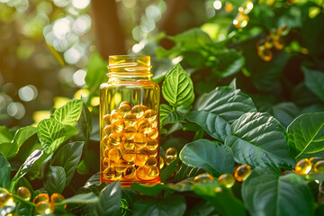 Wall Mural - A jar with yellow soft gel capsules stands surrounded by green leaves. Dietary supplements. Medical theme. Illustration for advertising, marketing or presentation.