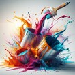 Paint buckets crash down in a colorful spray of paint and patterns
