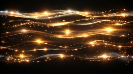 Poster - On a transparent background, many flashes, lights, and shimmers appear. Bright gold flickers and glares. Abstract golden lights isolated on bright rays of light. Glowing lines.