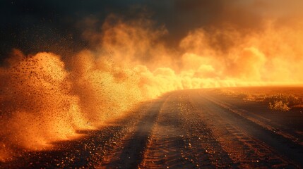 Wall Mural - Leaving a dust trail in the wake of a car traveling fast on a dusty road. Modern realistic stock illustration in the form of a cloud of dust on a dusty road.