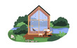 Glamping house in nature. Man relaxing at holiday glass building. Luxury comfortable outdoor relaxation. Modern glam vacation, recreation place. Flat vector illustration isolated on white background