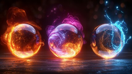 Leinwandbilder - Magic lightning discharge, realistic energy balls brightly colored in red, blue, purple, and golden yellow, modern electric lightning and light flashes.
