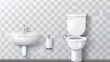 Modern realistic white ceramic sink and toilet with flush tank and open lid for bathroom, restroom, modern WC.
