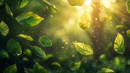 Canvas Print - Flying green leaves in a 3D illustration with mild sunbeams