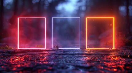 Aufkleber - Neon squares with shining effects on dark background. Blank glowing techno backdrop. Modern illustration.