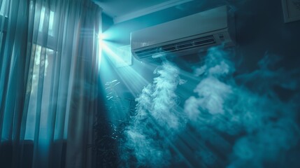 Fototapete - Blue rays isolated light effect emulating cold air flow from a conditioner. Humidification and purification of air from pollutants.