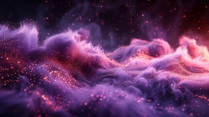 Aufkleber - Isolated, modern set of flowing violet clouds of fog or steam with shimmer isolated on black background. Flows of magic dust with glitter and sparkles.