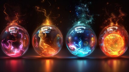 Aufkleber - Magical spheres, energy balls with mystic glow, lightning, and sparks. Modern cartoon set of glowing orbs with light effect, liquid plasma, and fire. Fantasy shiny circles for game design.