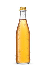 Canvas Print - Cool yellow soda in glass bottle with droplets and ice isolated. Transparent PNG image.