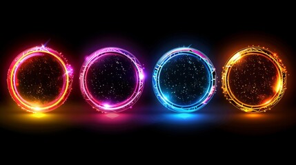 Poster - Circles of glowing neon color with wavy dynamic lines on black background technology concept. Use for badges, price tags, and labels.