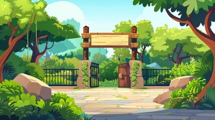 The entrance to the zoo is decorated with a wooden board on the stone arch and the cashier's booth is surrounded by plants and trees. Modern cartoon landscape with an entry gate, a metal fence, a