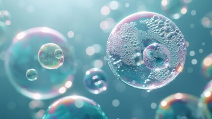 Poster - Soap bubbles in motion on a gray background. Abstract soap bubbles with reflections.
