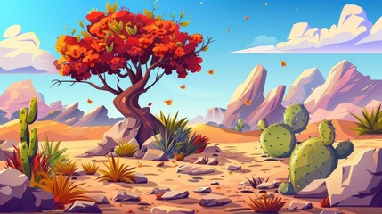 Wall Mural - Detailed illustration of rock, tropical tree, grass, and blooming cactuses in the hot sand desert in Africa.