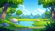 Animated cartoon forest background featuring trees, bushes, ponds, green grass, summer or spring woods or park areas with plants. Modern illustration.