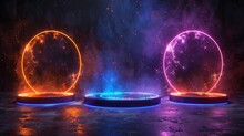 A Futuristic Teleport Podium, A Healing Aura For The Game Interface And A Circle Digital Portal With Neon Light, All Isolated On A Black Background.