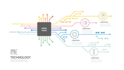 Infographic Circuit board technology template. 4 step design, digital marketing data, presentation vector infographics.