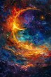 © Thanadol - Space mysterious themed abstract of stars, moon, and celestial, palette knife oil painting, on a richly colored background with dynamic lighting