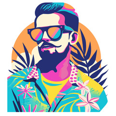 A man with a beard and sunglasses is wearing a colorful shirt and standing in front of a leafy background