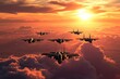 A formation of airplanes flying through dense clouds in the sky, A squadron of fighter aircraft in a sunset sky, AI Generated