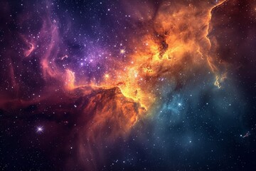 Wall Mural - This photo captures a vibrant space with an abundance of stars and billowy clouds, creating a mesmerizing celestial display, A starry galaxy with a nebula displaying the depth of colors, AI Generated