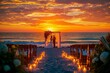 A couple stands together, surrounded by family and friends, as they celebrate the end of their wedding ceremony, A stunning sunset illuminating a beach-side wedding, AI Generated