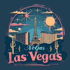 Wall Mural - A colorful drawing of Las Vegas with a sun and a tall tower. The drawing is of a cityscape with a large building in the center