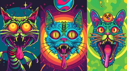 A set of psychedelic rave trip banner templates, with a martian head, a cat with three eyes, a mouth with a tongue, a disco ball, and acid backgrounds.