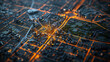 3d rendering of city model with orange buildings, roads and street lights